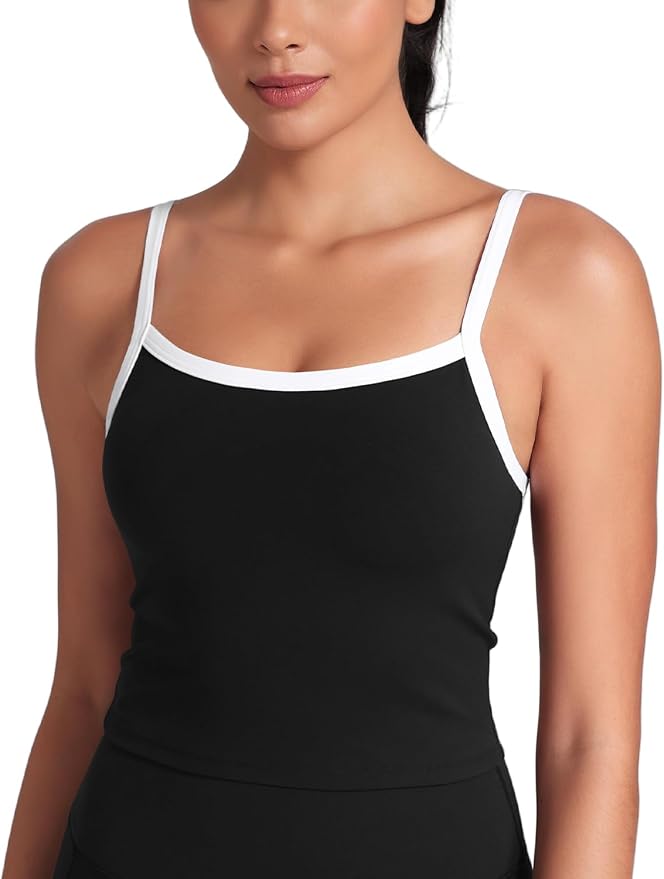 HeyNuts Vintage Color-Block Strappy Crop Tank Top for Womens, Cute Contrasting Trim Yoga Longline Sports Bras Padded A-D Cups