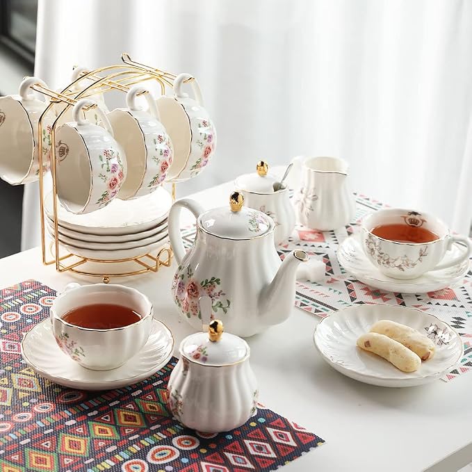 Porcelain Tea Sets British Royal Series, 8 OZ Cups & Saucer Service for 6, with Teapot Sugar Bowl Cream Pitcher Teaspoons and Tea Strainer, Suitable for High Tea, Wedding, Party（Morning glory）