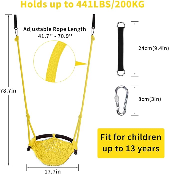 Hi-Na Kids Swing Seats Indoor Hand-Made with Adjustable Rope, Outdoor Tree Child Swing Seat for Backyard, Playground, Outside, Yellow, Polyester