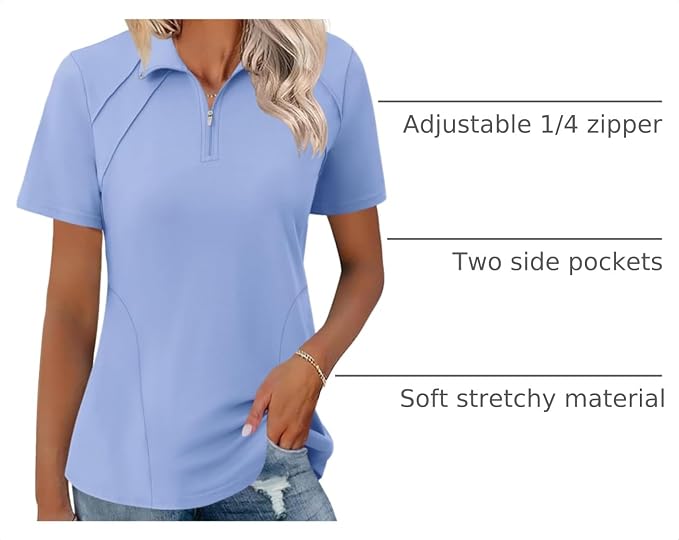 LOMON Womens Golf Polo Shirt Summer Short Sleeve Quarter Zip Outfit | Side-Pockets,Princess Seams,Cotton,Wrinkle Free,Moisture Wicking,Quick-Dry,Lightweight,Collared,for Tennis Workout