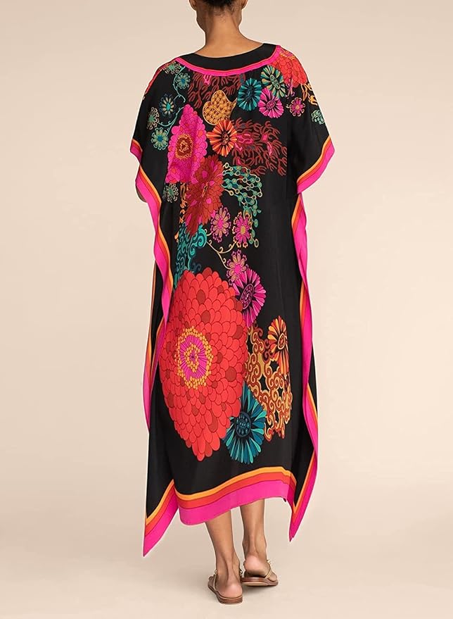 Venasha Womens Caftan Floral Print Kaftan Dress Short Sleeve Swimsuit Cover up Loungewear for Summer