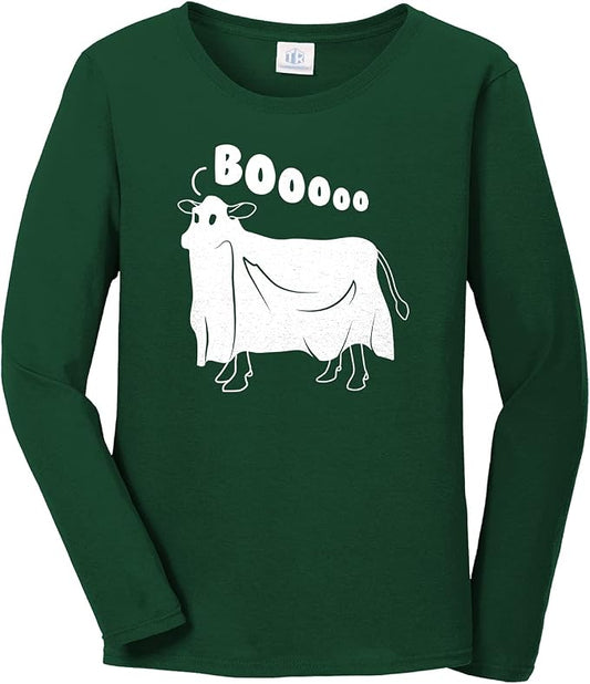 Threadrock Women's Cow Ghost Saying Moo Long Sleeve T-Shirt