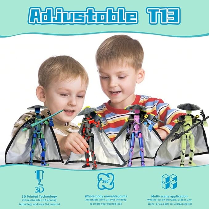 Assembly Completed T13 Action Figures,T 13 Action Figure, Robo 13 3D Printed Action Figure - The Ultimate Hero for Action-Packed Playtime,5.2 Inch (Blue Green)