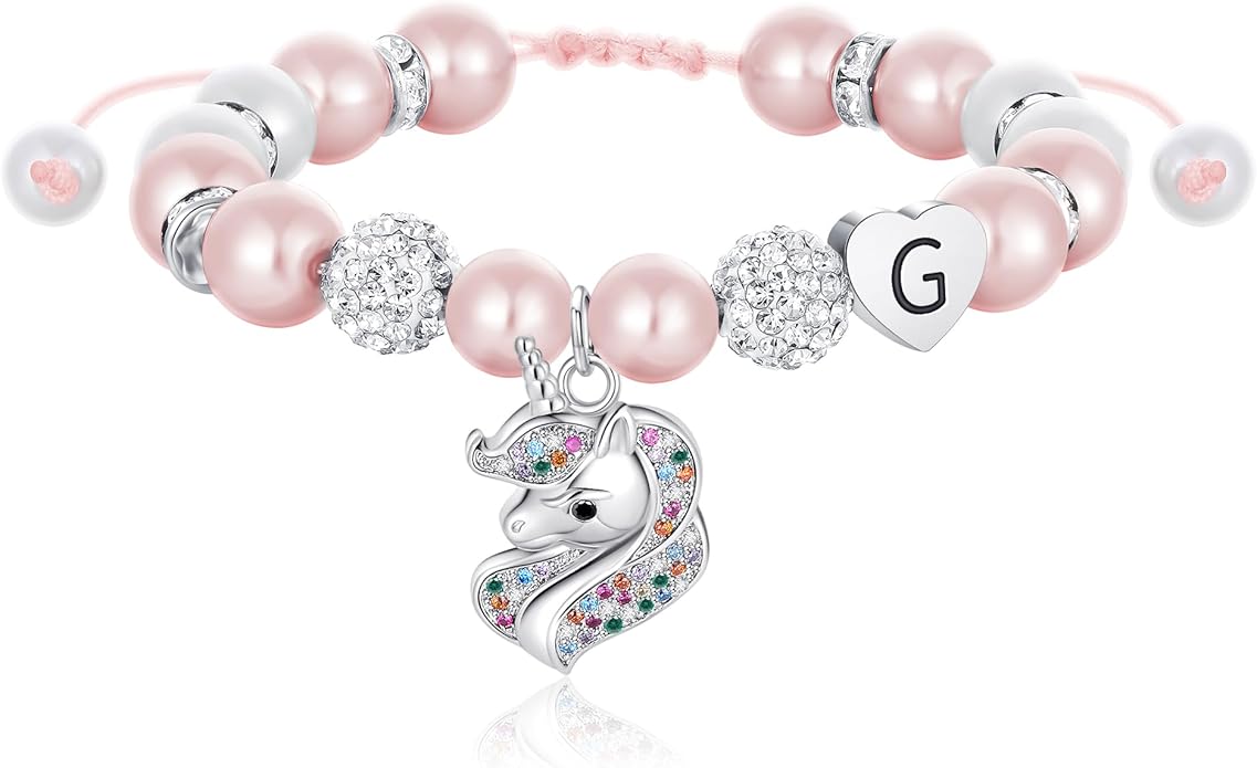 C-leen Unicorn Bracelet Gifts for Teens, Adjustable Pink Pearl and Rhinestone Balls Heart Initial Unicorn Bracelets Jewelry Gift for Birthday Christmas gifts
