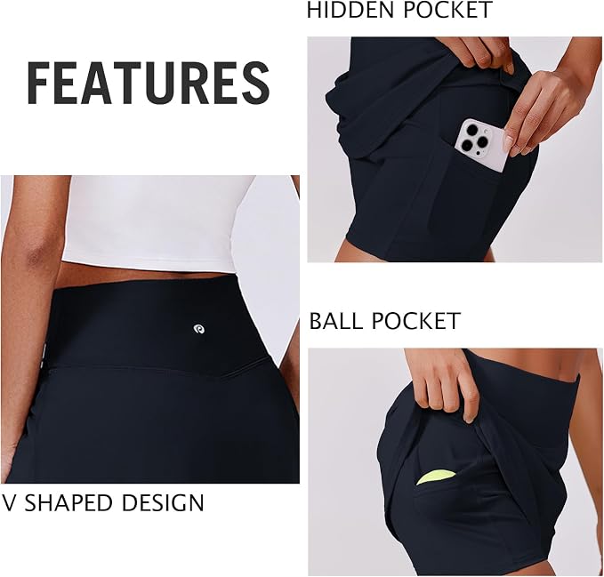 PINSPARK 14" Womens Tennis Skirt High Waisted Golf Skort with 2 Pockets | Built-in Shorts, A Line, Tummy Control, Stretchy, Casual, Mini, Workout, Pickleball, Running, Skort for Woman