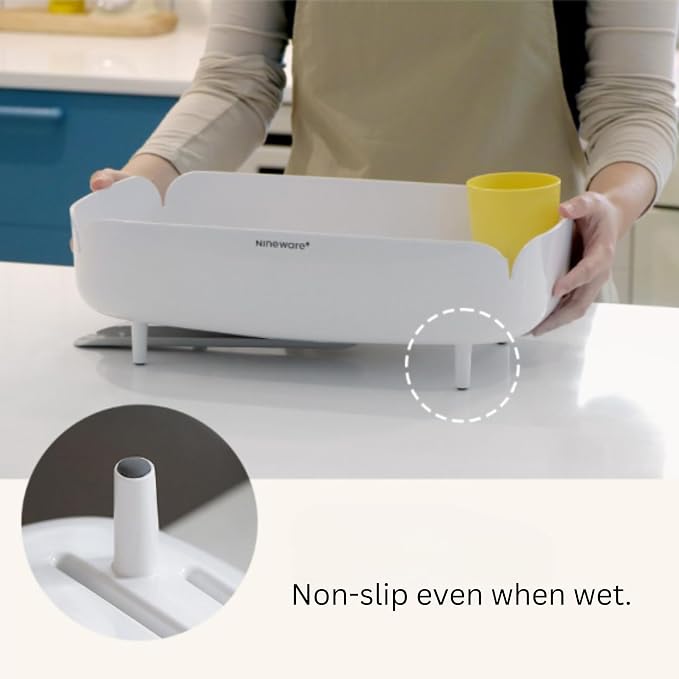 Small Dish Drying Rack for Kitchen Counter, Compact Dish Drainer with Drainage Spout & Spoon Holder, Space-Saving Drying Rack for Small Kitchens, Apartments & RVs, Made in Korea (Cream White)