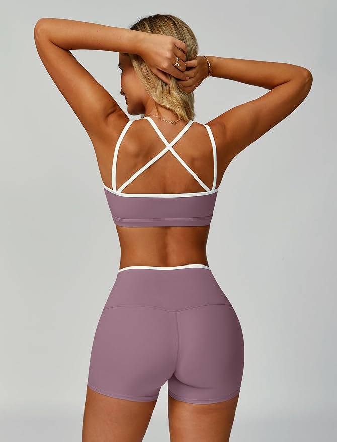 ABOCIW Workout Sets for Women 2 Piece Color Block Strappy Sports Bra High Waist Shorts Gym Yoga Pilates Outfits