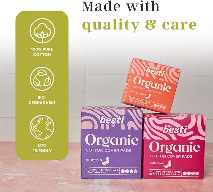 Besti 100% Organic Cotton Liners | Ultra Thin, Quick Absorbency (20 Count)