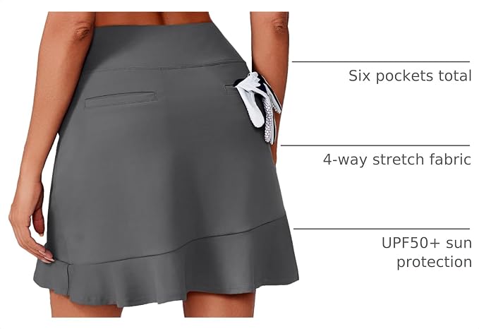 PINSPARK 18" Golf Skorts for Women with 6 Pockets Ruffle Athletic Skort | Above the Knee,High Waist,UPF 50+,4-way Stretch,Lightweight,Ruffle Hem,Tennis,Casual,Work,Pickleball