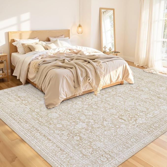 10x12 Area Rug for Living Room: Vintage Boho Neutral Washable Rug Indoor Soft Large Area Rug Carpet for Bedroom Nursery Farmhouse Dining Room Office Floor Non-Slip Low Pile Under Table Natural Beige