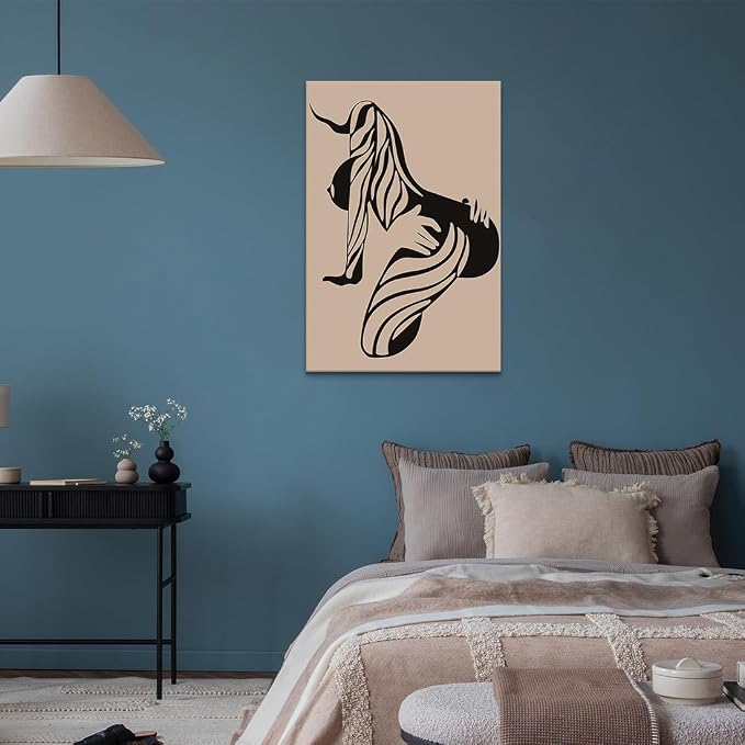 Yeesjoee Minimalist Sexy Female Canvas Painting Wall Decor, Abstract Line Art Silhouette Nude Woman Body Curve Contour Posters, Black & Beige Printing for Bedroom Living Room Home, 24x36 in Framed