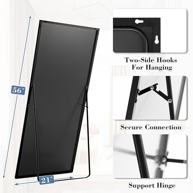 DUMOS 21"x56" Full Length Mirror with Stand, Floor Standing Aluminum Frame, Shatter-Proof Nano Glass for Bedroom, Living Room, Cloakroom – Modern Simple Home Decor,Can Be Hanging or Leaning, Black