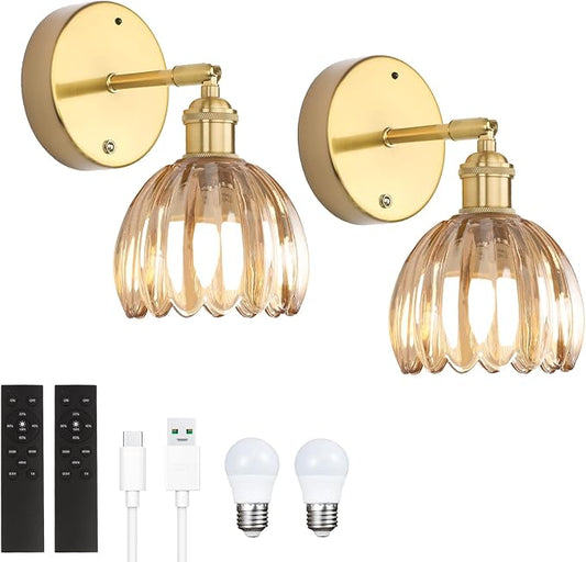 Shenmoyl Battery Operated Vintage Wall Sconces with Amber Tulip Glass Lampshade Battery Powered Wall Lighting for Bedside Bedroom Doorway, Set of 2