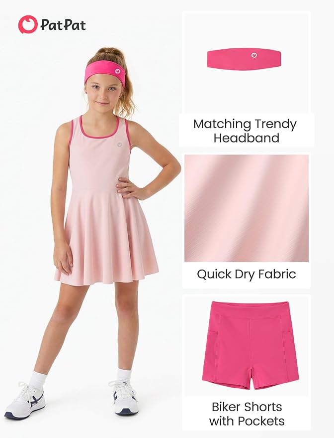 PATPAT Girls Athletic Dress Tennis Summer Outfit with Headband & Shorts | Quick-Dry RapidAir-C Fabric, Lightweight Breathable Golf Dress, Sweat-Wicking 2 Piece sets, Two Hidden Pockets