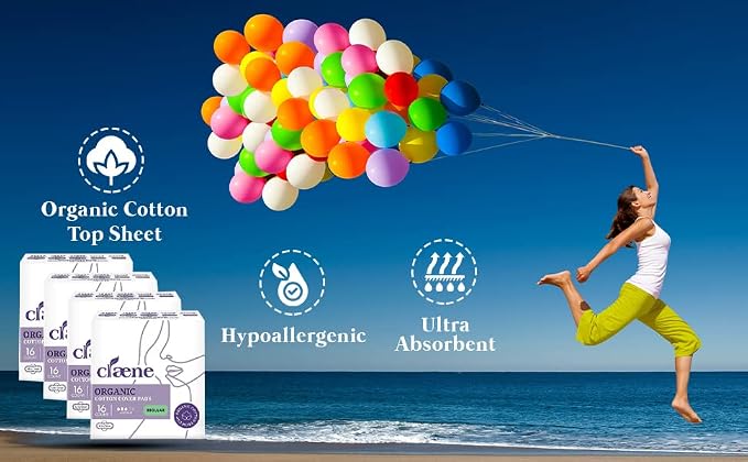 Claene Organic Cotton Cover Pads, Cruelty-Free, Menstrual Overnight Sanitary Pads for Women, Unscented, Breathable, Vegan, Organic Pads, Natural Sanitary Napkins with Wings- 64 Count Pack of 1