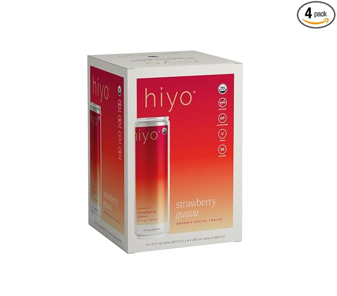 Hiyo Organic Social Tonic N.A. Functional Seltzer Water 4 Pack - Strawberry Guava Flavored Sparkling Water Crafted with Organic Adaptogens, Nootropics & Botanicals