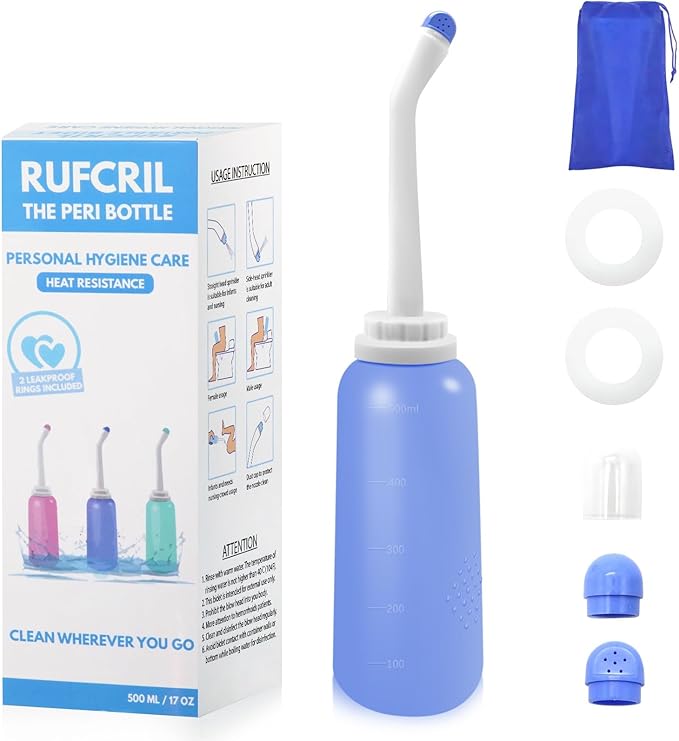 Peri Bottle Postpartum, RUFCRIL 500ml Portable Bidet, Upside Down Perineal Wash Bottle, Boilable TPE, Travel Bag, for Perineal Care, Hemorrhoid Care, Feminine Cleansing & Baby (Blue)
