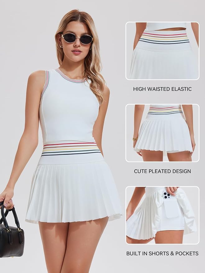 Two Piece Tennis Skirt Set for Women High Waisted Pleated Athletic Golf Skirt Sets Women 2 Piece Outfits with Pockets
