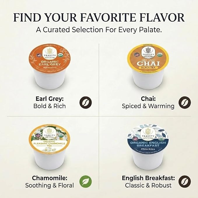 Organic Tea Pods Variety Pack - Assorted Sampler Pack Compatible for Keurig Brewer and Coffee Maker - Earl Grey, English Breakfast, Chai, Chamomile - Herbal Tea Pod for K Cup Keurig Brewing -15 count (Pack of 1) by Teavity