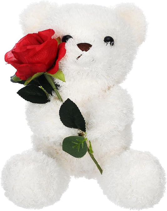 Civaner Bear Stuffed Animal Gift with Rose Funny Cute Bear Stuffed Animal Plush Gift for Mother Girlfriend Birthday Wedding, 11.8 Inches(White)