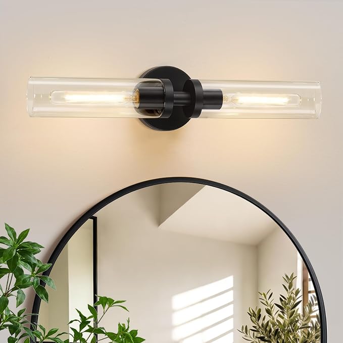 Indoi Matte Black Wall Sconces, Hardwired Bathroom Sconces Wall Lighting with Clear Glass, Modern Sconces Wall Light fixtures for Bathroom Mirror Living Room Hallway Bedroom