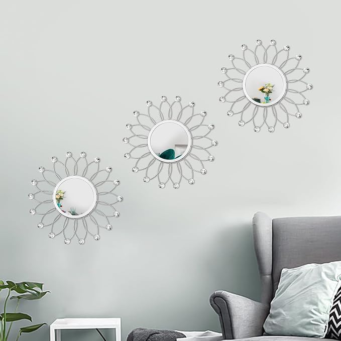 3 Pack Metal Mirrors for Wall Sunburst Wall Mirrors Home Décor Decorative Hanging Wall Art for Living Room Bedroom Entryway (Silver Crystal, Flowers)