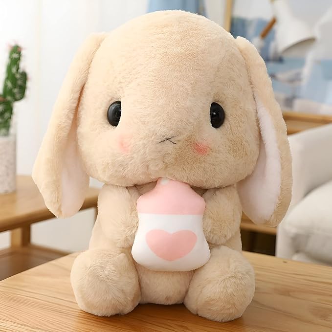 HOUPU Soft Toy - Sitting Lop Eared Rabbit, Easter White Rabbit Stuffed Bunny Animal with Carrot Soft Lovely Realistic Long-Eared Standing Pink Plush Toys (Brown-Milk Bottle,25.5in/65cm)