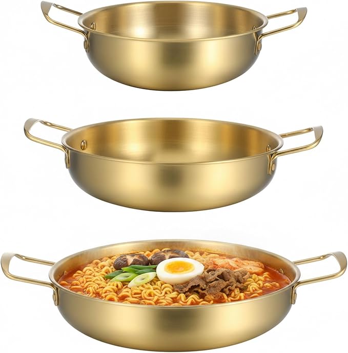 3 Pack Korean Ramen Noodle Pot with Handles, Korean Ramen Pot for Stove, Stainless Steel Everyday Pan, Golden Soup Pots, Golden Koreans Cooking Pots for Soup, Noodle, Pasta, 7.2", 8.4", 9.2"