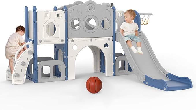 kinbor 8 in 1 Toddler Slide Set - Kids Slide with Basketball Hoop, Playset for Kids with Easy Climb Stairs & Storage, Toddler Indoor Outdoor Playground, Blue