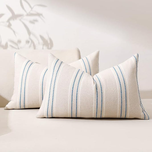 Hckot Striped Throw Pillow Covers 12x20 Set of 2 Lake Blue Pillow Covers | Farmhouse Decorative Pillows Textured Linen Square Cushion Covers for Sofa Couch Bed Living Room Decor(Lake Blue)