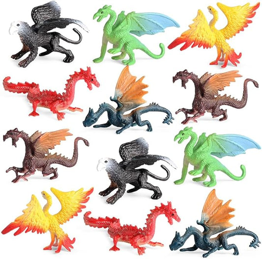 EOIVSH Mini Dragon Toys Figures - 12pcs Ancient Flying Dragon Figurines for Boys Girls, Mythical Action Figure Kid Toys, Cupcake/Cake Topper & Party Favors