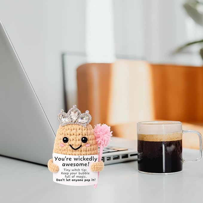 M.O.Q. Mini Funny Pink Witch Birthday Crochet Ideas Gifts for Women Her Him Ages 14+, Small Cute Stuff Things, Handmade Emotional Positive Crochet Witch Decor