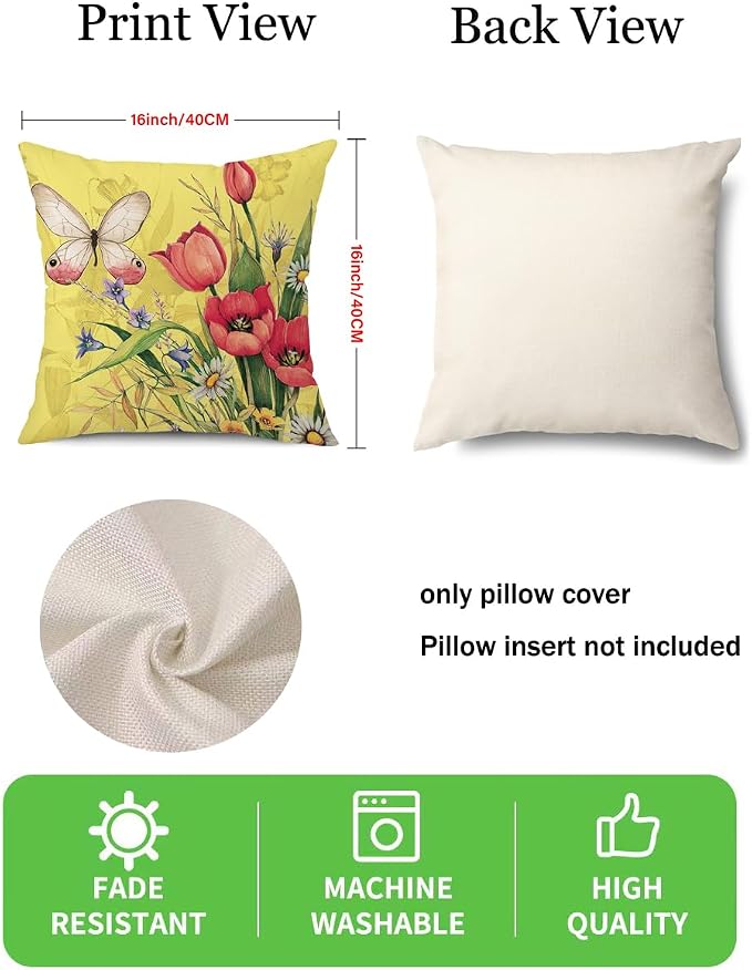 wyooxoo Spring Summer Pillow Covers 16x16 Set of 4 Decorative Throw Pillow Covers Linen Flower Butterfly Farmhouse Pillowcases for Sofa Couch Living Room Outdoor