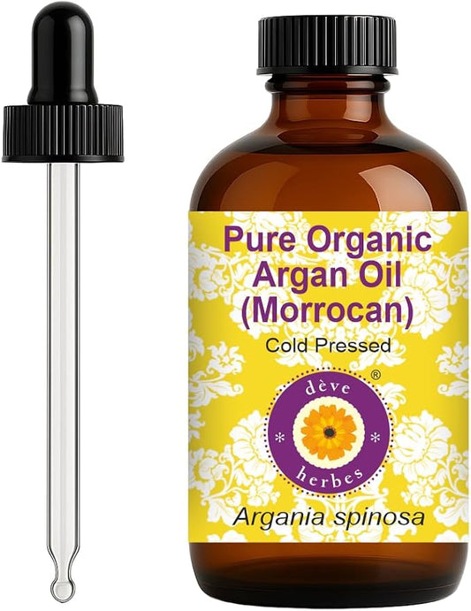 dève herbes Argan (Moroccan) Oil (Argania spinosa) with Glass Dropper | Cold Pressed | Pure | For Diluting Essential oils | Hair, Skin & Massage | Non-Sticky | Lightweight | Unisex | 120ml (4 oz)