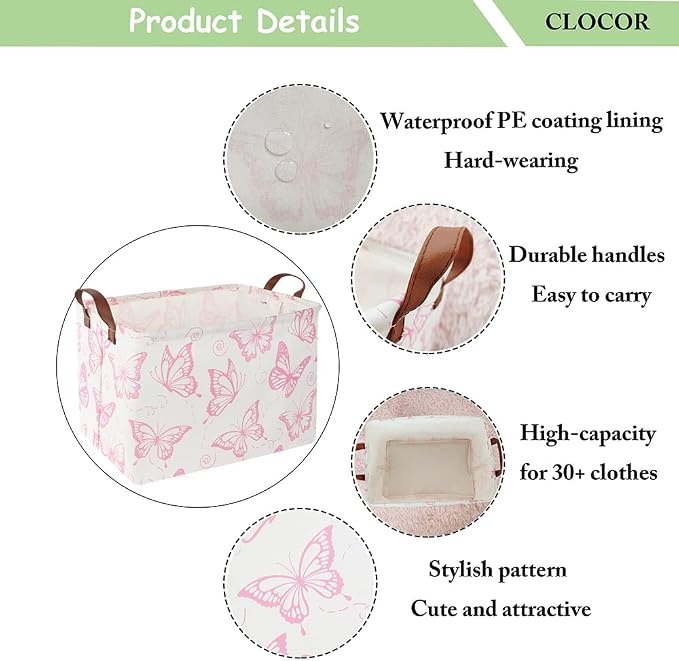 CLOCOR Rectangular Fabric Storage Bin, Waterproof Storage Box with Handles(Pink Butterfly)