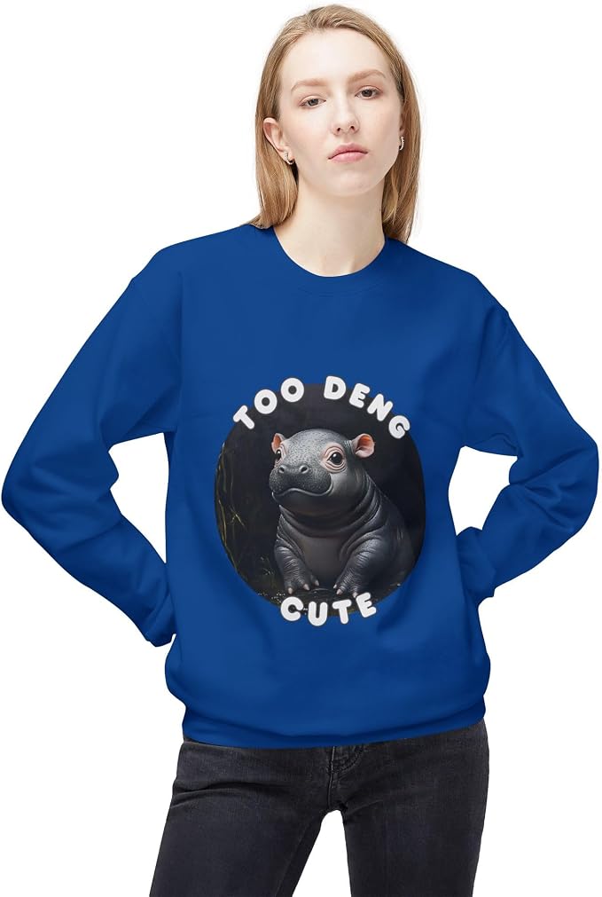Unisex Fleece Crewneck Sweatshirt - Too Deng Cute Moo Deng Hippo, Cozy Cotton Blend, Classic Relaxed Fit