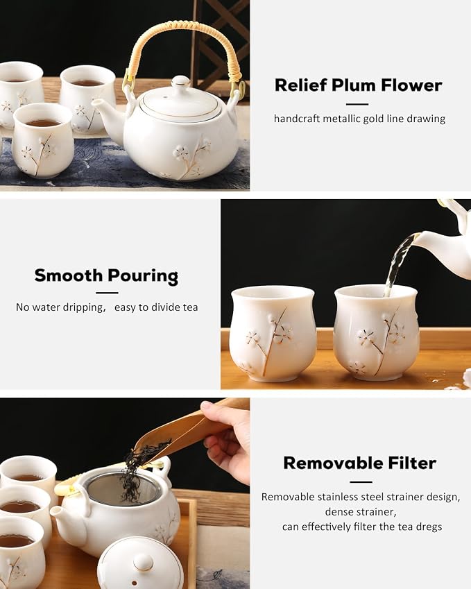 Dujust Japanese White Porcelain Tea Set - Teapot, 6 Tea Cups, Tray & Stainless Infuser - Plum in Golden