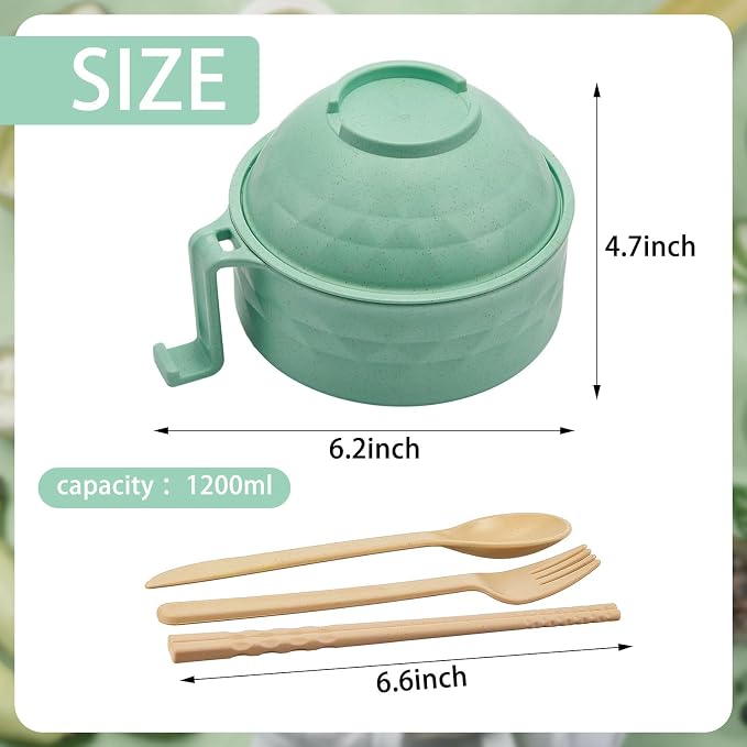 1 Set Microwave Ramen Cooker 40oz Wheat Straw Microwave Noodle Bowl Set with Chopsticks, Spoon, Fork, College Dorm Office Apartment Essentials (Light Green)