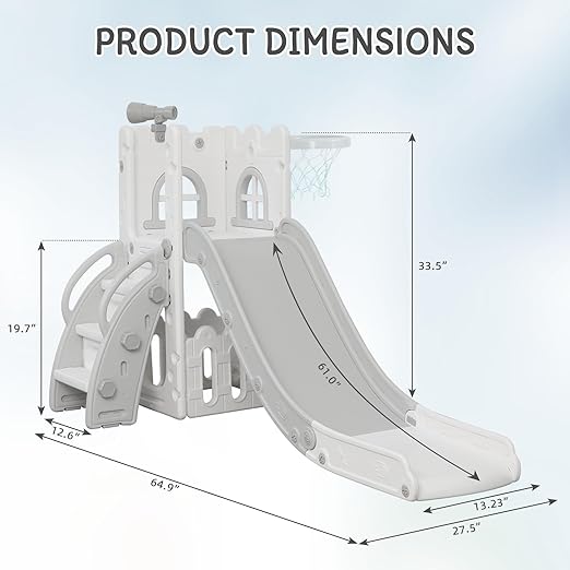 6 in 1 Toddler Slide,Kids Climber Slider for Indoor Outdoor Playground with Basketball Hoop,Storage and Telescope,L Shaped Slide for Toddler Climber Playset
