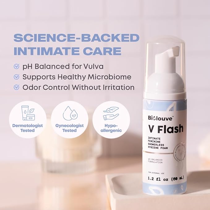 V Flash Rinse-Free Intimate Hygiene Foam - Ph Balance Feminine Wash for Women's Vulva Daily Care - BioticV+ - No Rinse Vaginal Cleanse & Odor Control for Menstruation, After Sex, Post-Workout