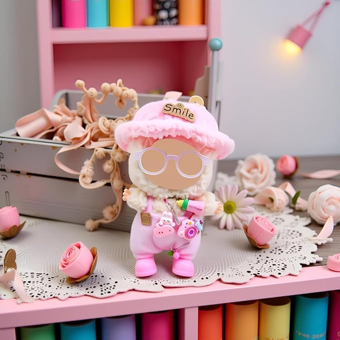 Doll Clothes Outfit and Accessories Suitable for 17cm Dolls, 5 Piece Set Romper Hat Camera Backpack Glasses Shoes (No Doll) Pink