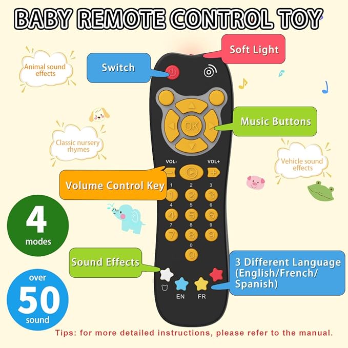 Toy Phone Baby Remote Control Toy Set, Play Phones TV Remote Control with Music Light for 6+ Months, Early Learning Baby Toys Gift for 1 Year Old Boys Girls Toddler Infant Kid, English/Spanish, Orange