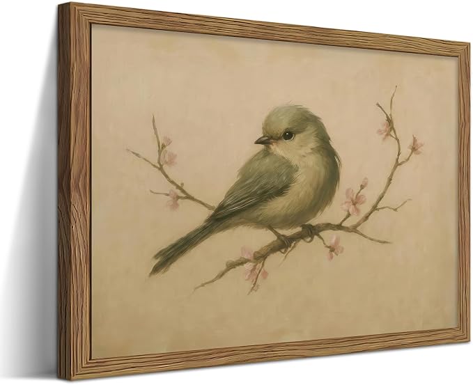 Vintage Bird Wall Art, Cherry Blossom Spring Pictures Canvas Wall Decor, Rustic Farmhouse Bird Animal Artwork Print Poster for Living Room Bedroom Bathroom 16x24 Inch Framed