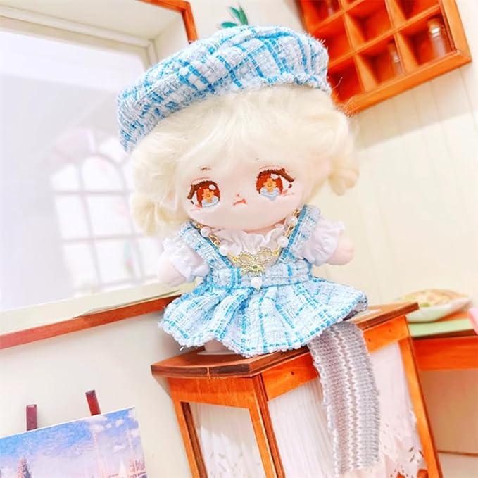 niannyyhouse 10cm~15cm Plush Doll Clothes Berets Suspender Skirt White Shirt Accessories Doll Dress Up (Blue)