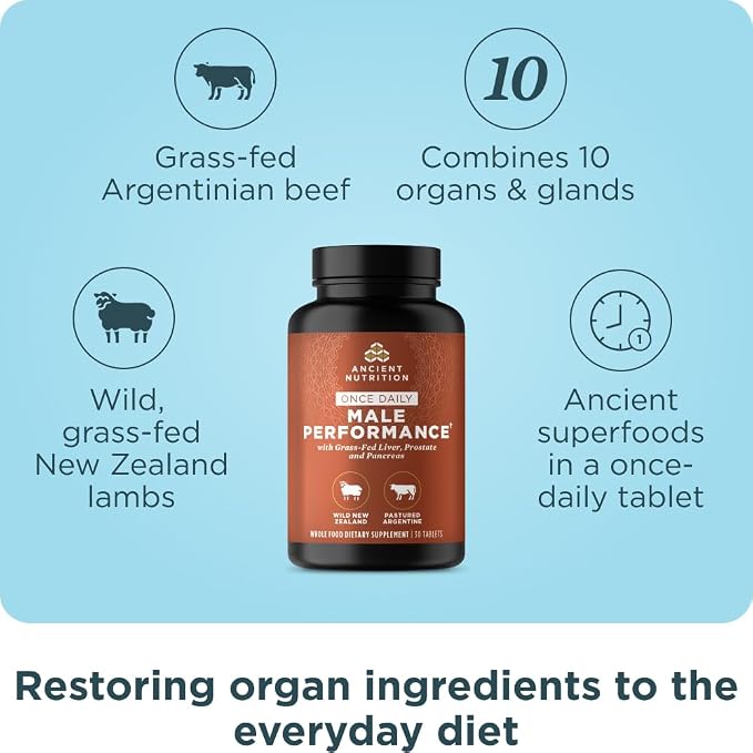 Ancient Nutrition Organ Supplements for Men, Once Daily Grass-Fed and Wild Organ Complex Tablets, Liver, Prostate, Pancreas Supports Male Performance, Healthy Aging, 30 Ct