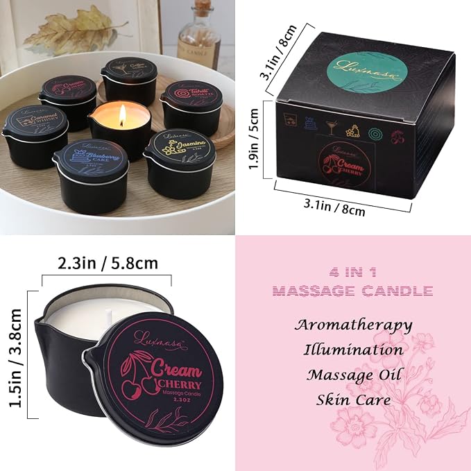 Soy Wax Body Massage Oil Candle, Cream Cherry Scent, 2.35 OZ | All Natural, Relaxation & Skin Care, Home Scented Aromatherapy, Gift Set