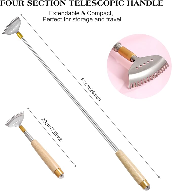 Best Telescoping Back Scratcher, Back-Scratcher for Women Men Kids with Wood Handle, Steel Massage Roller, Wide Claw, Handheld Head Scratcher Back Massager Extend Up to 24Inch