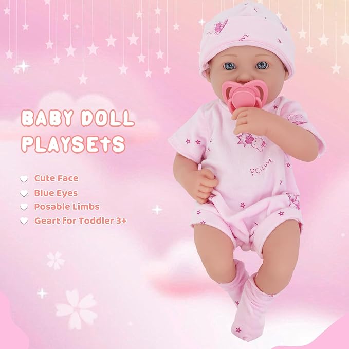 UNICORN ELEMENT 14 Inch Baby Doll with Baby Doll Clothes and Accessories, Reborn Vinyl Body 14” Dolls Playsets with Pacifier, Feeding Bottle Etc, Great Gift for Toddlers 3+