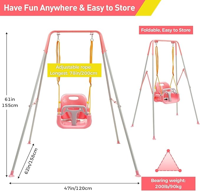 FUNLIO Toddler Swing with Foldable Metal Stand for Toddlers Aged 1~10 Years, 3-in-1 Baby Swing Set with 4 Sandbags for Backyard/Indoor/Outdoor Play, Easy to Assemble & Store, Pink