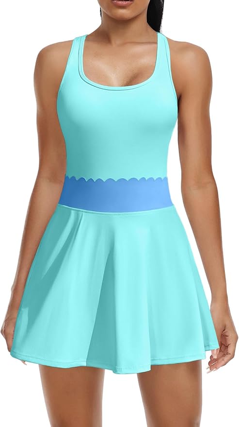 ATTRACO Tennis Outfits for Women Racerback Golf Dress Workout Dress | Athletic Skirt Set, Built-in Shorts, 2 Pockets, Scalloped, Racerback, High Waisted, Pickleball, Workout Set